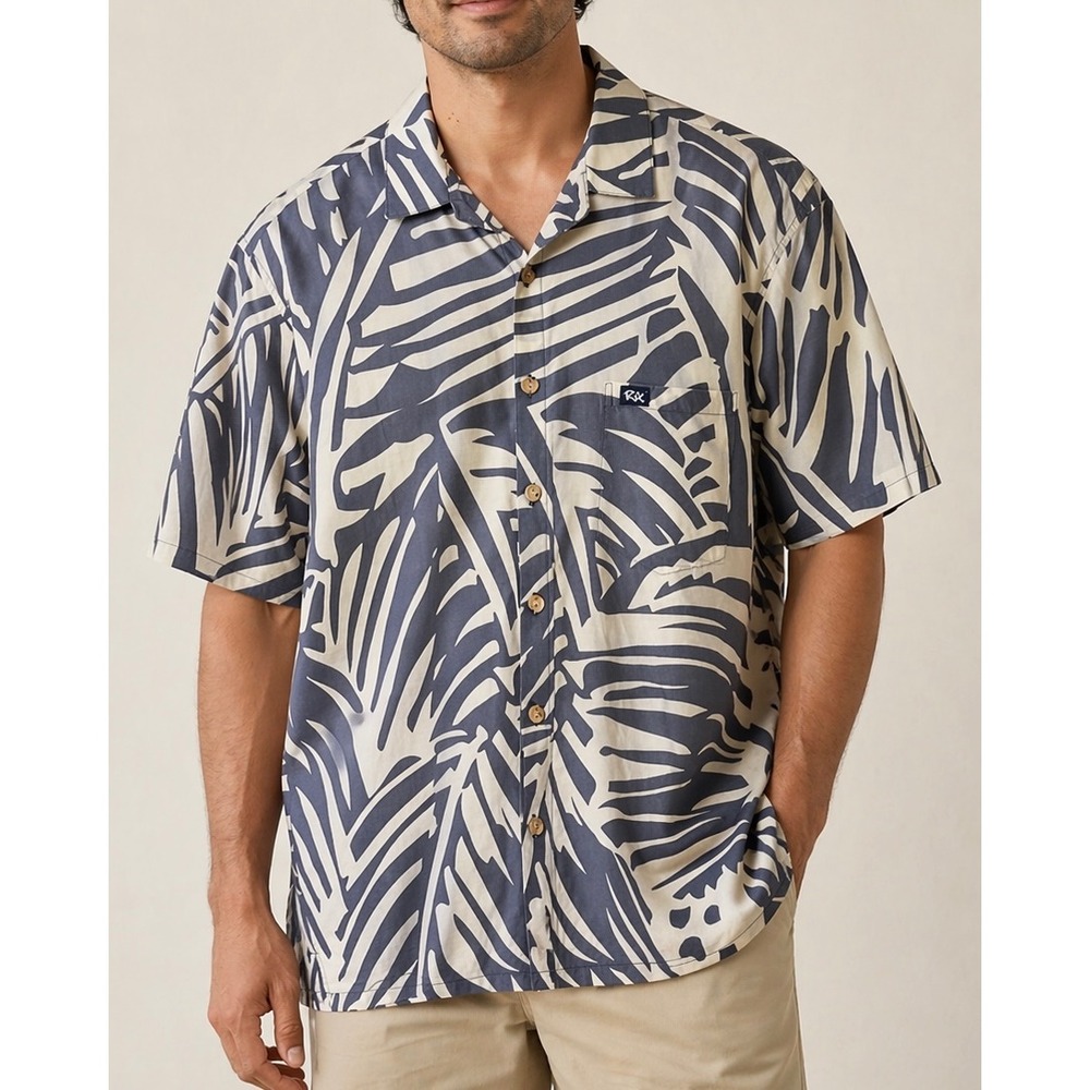 Rix Made in Hawaii Aloha Shirt Men XL Blue White Palm Leaf Cotton Button Front